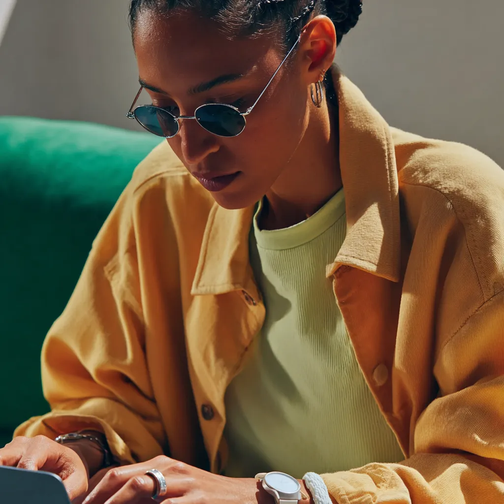 A designer in sunglasses working on a laptop