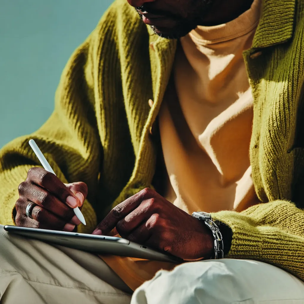 A designer sketching on a tablet with a stylus
