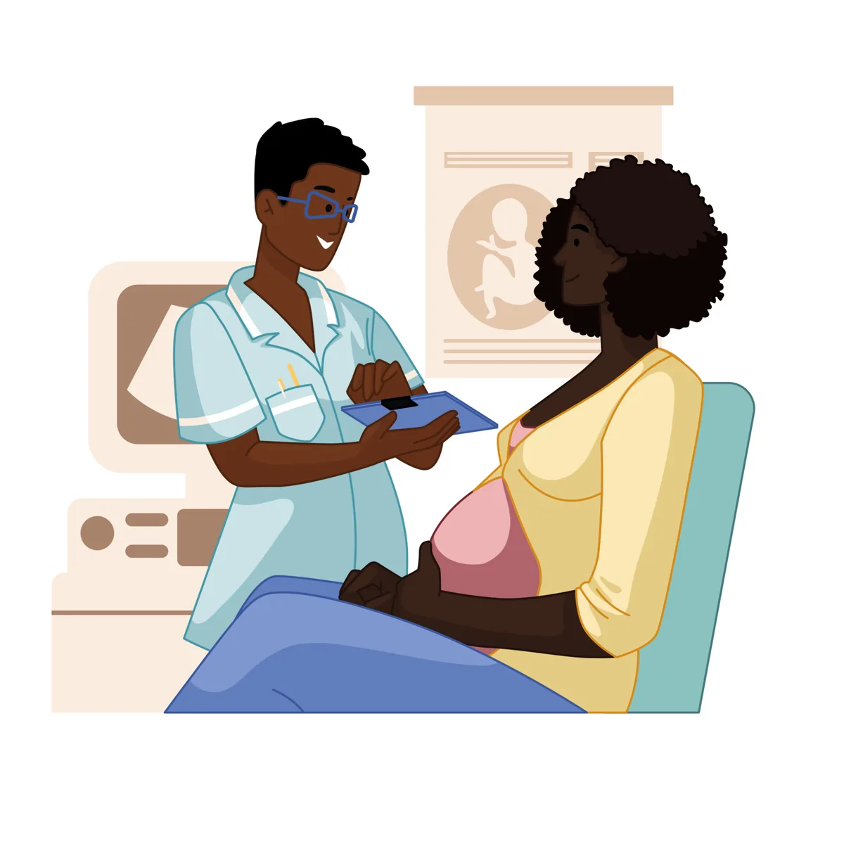 Illustration of an expectant Black mother at a prenatal appointment.