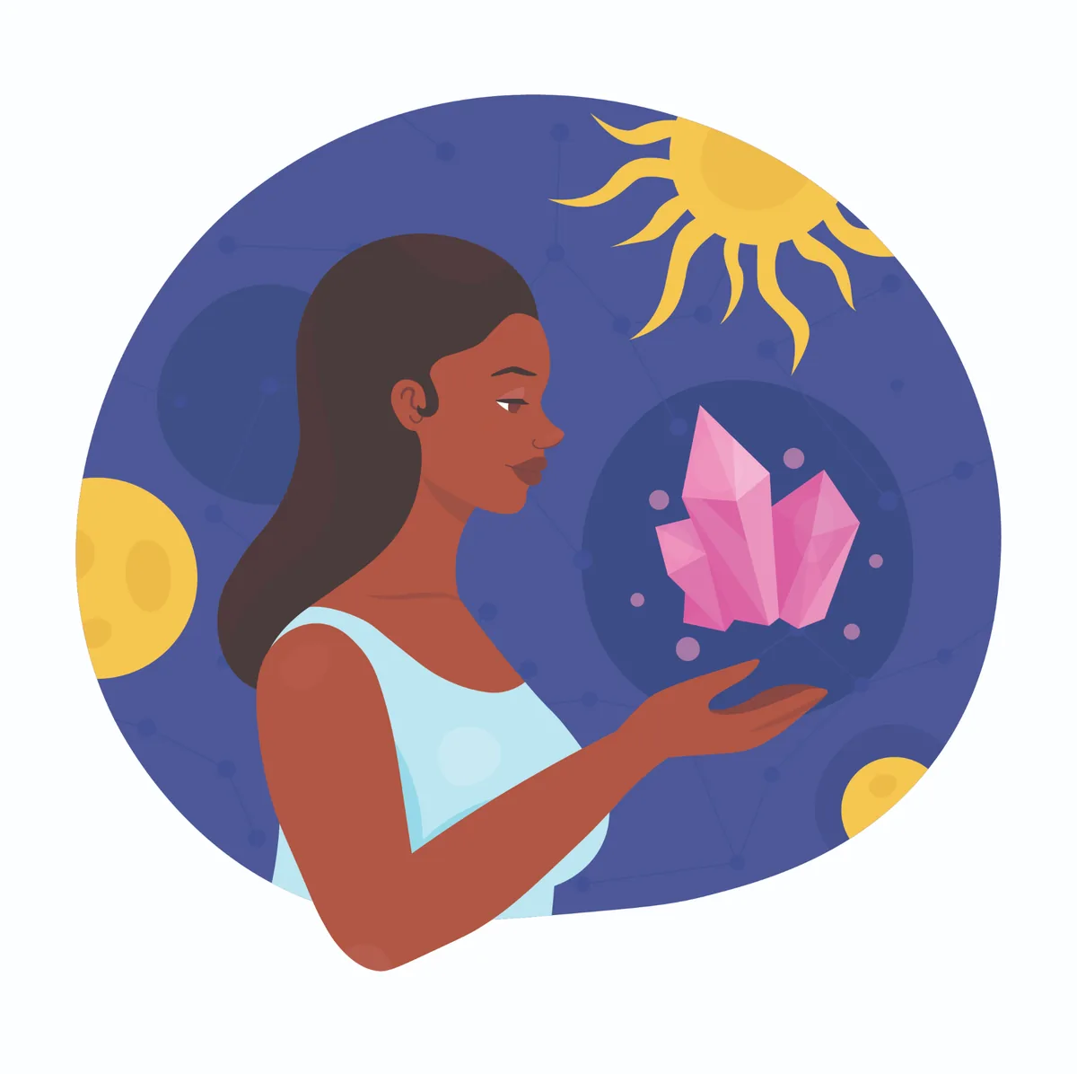 Illustration of a Black woman surrounded by healing crystals and cosmic imagery.