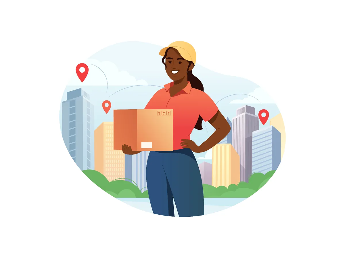 Illustration of a Black woman delivery courier carrying a parcel to a customer's door.