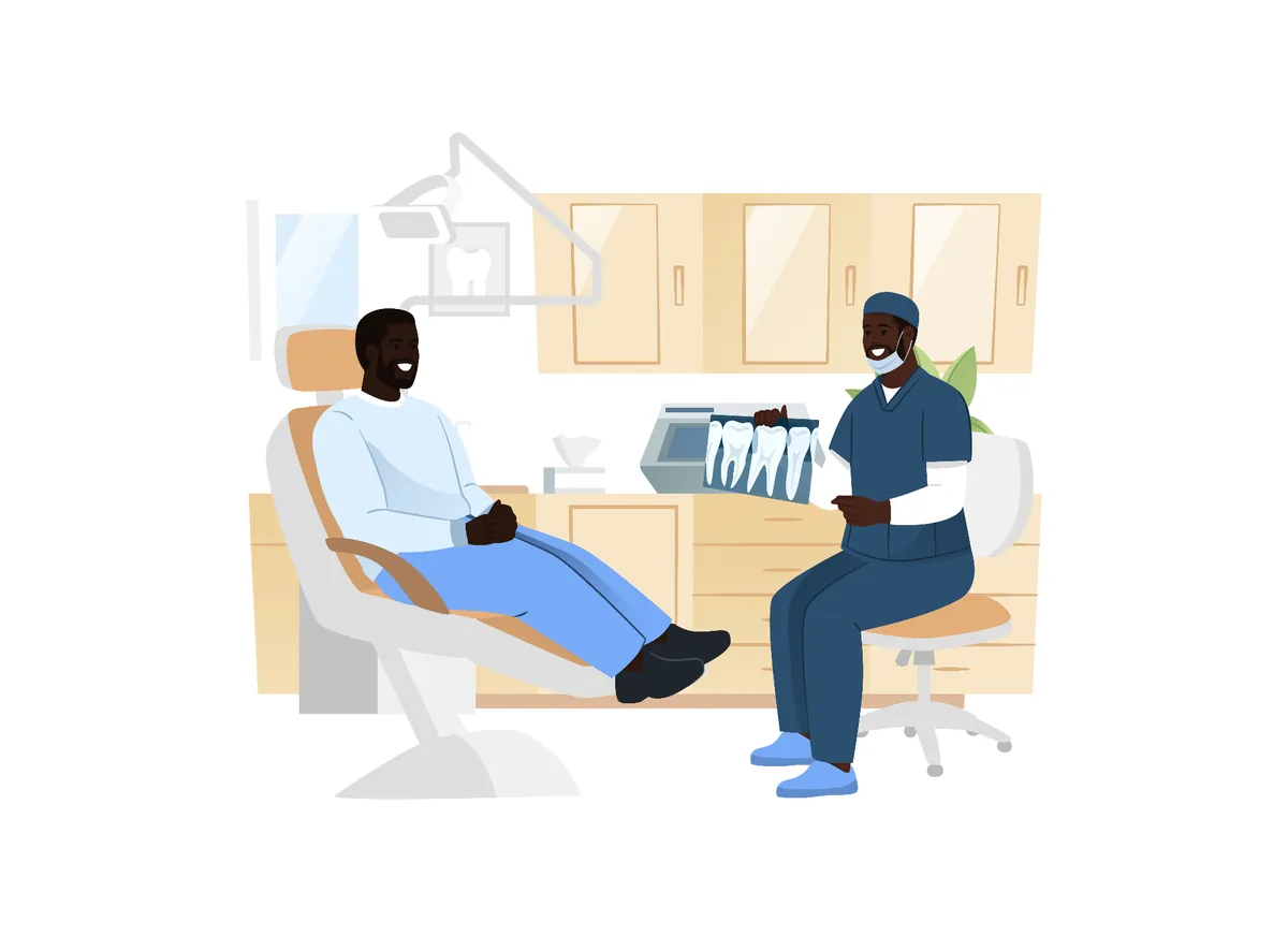 Illustration of a Black dentist caring for a patient.