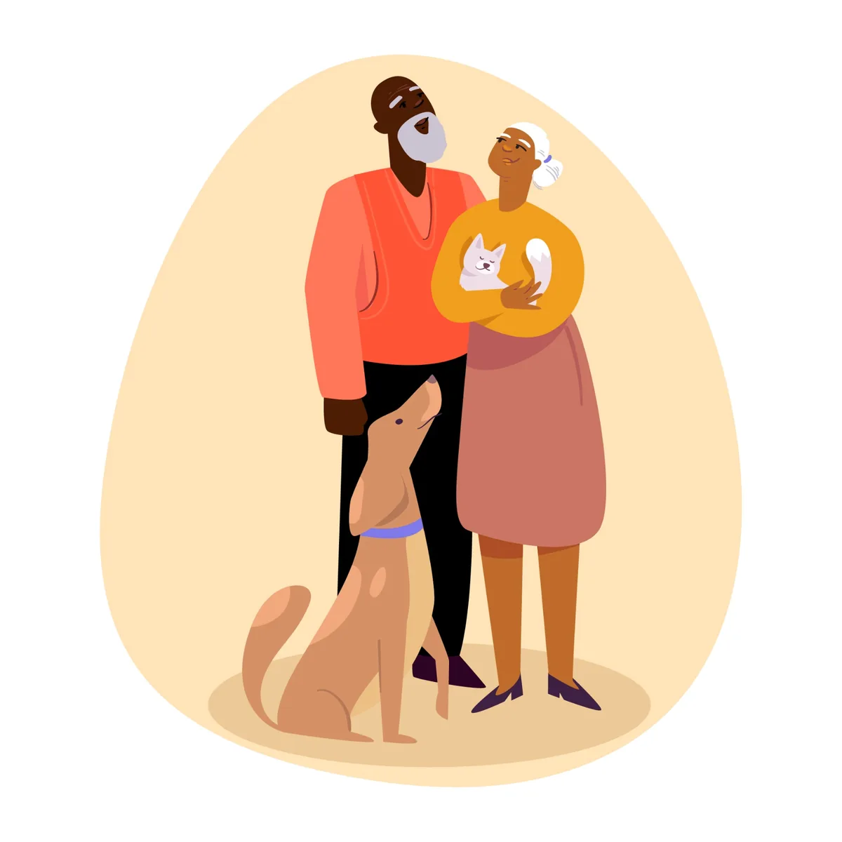 Illustration of a Black elder couple sitting together with their pet dog and cat.