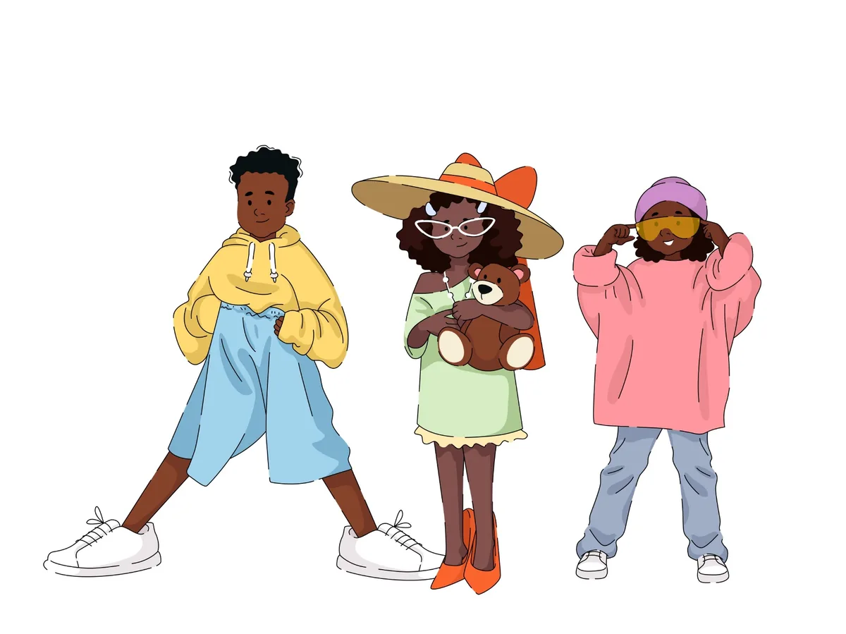 Illustration of three Black friends in colorful streetwear, from the Fashion Fun pack.