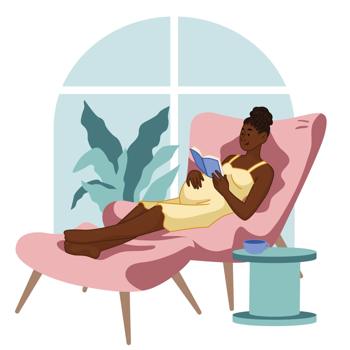 Illustration of an expectant Black mother reading a book.
