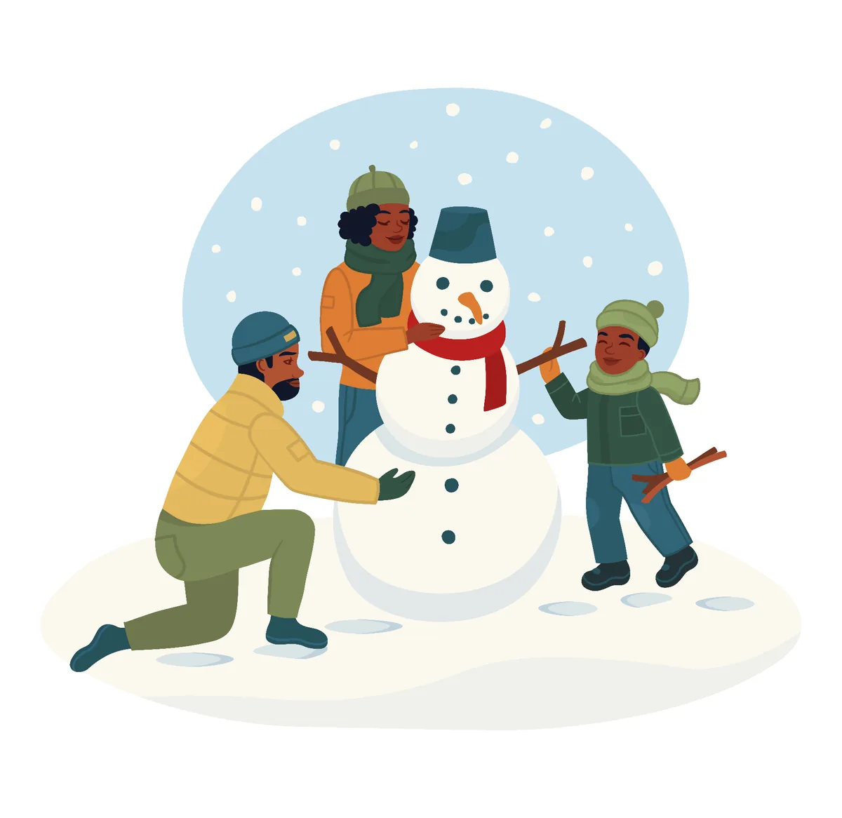 Winter illustration of a Black family building a snowman together.