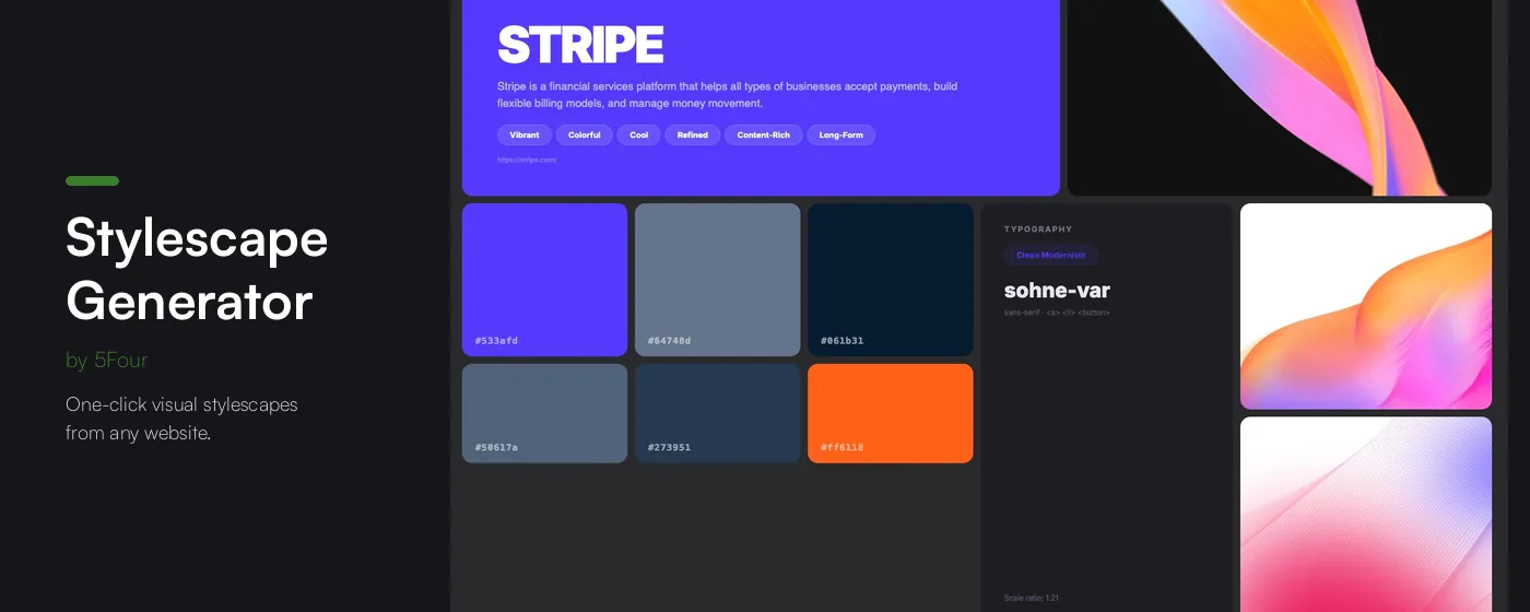 Stylescape Generator: a stylescape board built from a website's colors, type, and imagery.