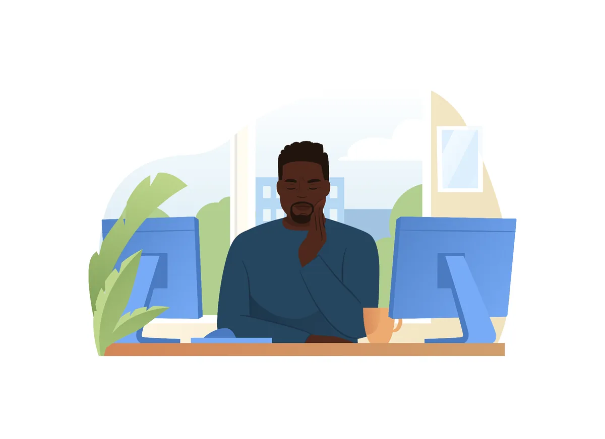 Illustration of a Black professional with a toothache at their desk.